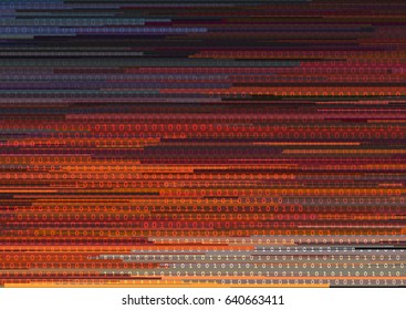 Abstract background with glitched horizontal stripes, stream line binary code background with two binary digits 0 and 1. Concepts of aesthetics of signal error, computer coding, hacker, encryption.