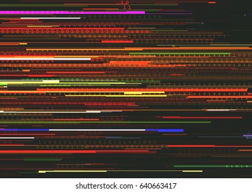 Abstract background with glitched horizontal stripes, stream line binary code background with two binary digits 0 and 1. Concepts of aesthetics of signal error, computer coding, hacker, encryption.