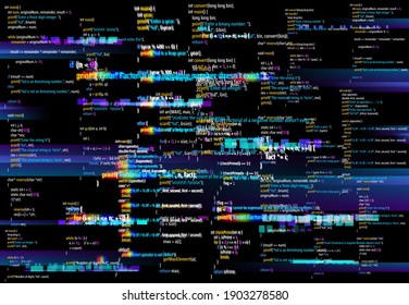 Abstract background with glitched program code parts. Vector backdrop with programming language and random glowing pixels. Black monitor screen with distortion and glitch effect, computer error or bug