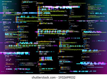 Fondo abstracto con partes de código de programa con rayado. Fondo vectorial con lenguaje de programación y píxeles brillantes aleatorios. Pantalla de monitor negro con efecto de distorsión y fallo de fallos, error de ordenador o fallo