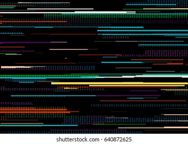Abstract background with glitched vertical stripes, stream line binary code background with two binary digits 0 and 1. Concepts of aesthetics of signal error, computer coding, hacker, encryption.