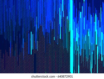 Abstract background with glitched vertical stripes, stream line binary code background with two binary digits 0 and 1. Concepts of aesthetics of signal error, computer coding, hacker, encryption.