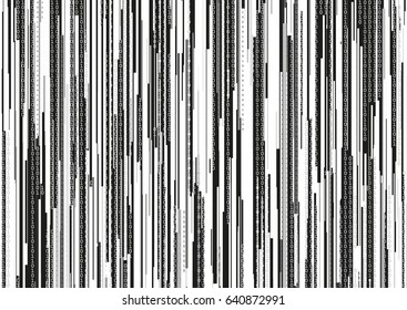 Abstract background with glitched vertical stripes, stream line binary code background with two binary digits 0 and 1. Concepts of aesthetics of signal error, computer coding, hacker, encryption.