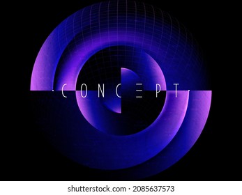 Abstract background with glitchy circle. Spliced round frame with texture and 3D mesh sphere vector illustration