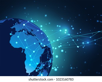 abstract background of global network with glowing dot and line net in blue space. concept for global business with technology opertaion design in vector illustration