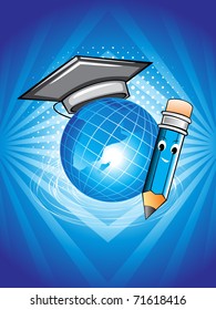 abstract background with globe, graduation cap and pencil