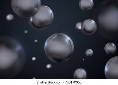 Abstract background with glossy black spheres. Vector 3d illustration. Atomic or molecular structure. Chemistry or physics concept