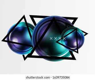 Fondo abstracto - burbujas de vidrio brillante, formas abstractas de esfera, composición dinámica geométrica con espacio de copia. Ilustración Vectorial Para Papel De Fondo De Pantalla, Banner, Fondo, Tarjeta, Ilustración Del Libro