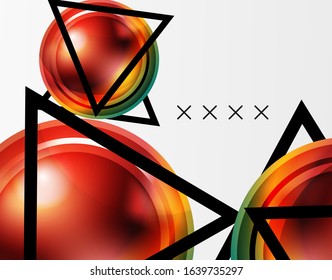 Fondo abstracto - burbujas de vidrio brillante, formas abstractas de esfera, composición dinámica geométrica con espacio de copia. Ilustración Vectorial Para Papel De Fondo De Pantalla, Banner, Fondo, Tarjeta, Ilustración Del Libro