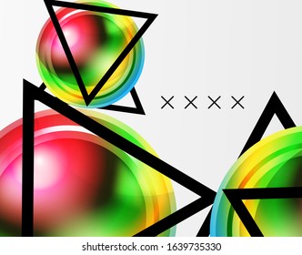 Fondo abstracto - burbujas de vidrio brillante, formas abstractas de esfera, composición dinámica geométrica con espacio de copia. Ilustración Vectorial Para Papel De Fondo De Pantalla, Banner, Fondo, Tarjeta, Ilustración Del Libro