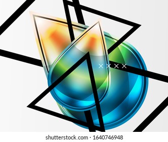 Fondo abstracto - burbujas de vidrio brillante, formas abstractas de esfera, composición dinámica geométrica con espacio de copia. Ilustración Vectorial Para Papel De Fondo De Pantalla, Banner, Fondo, Tarjeta, Ilustración Del Libro