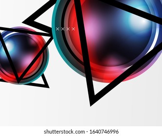 Fondo abstracto - burbujas de vidrio brillante, formas abstractas de esfera, composición dinámica geométrica con espacio de copia. Ilustración Vectorial Para Papel De Fondo De Pantalla, Banner, Fondo, Tarjeta, Ilustración Del Libro