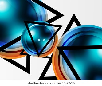 Fondo abstracto - burbujas de vidrio brillante, formas abstractas de esfera, composición dinámica geométrica con espacio de copia. Ilustración De Vector Para Papel De Fondo De Pantalla, Banner, Fondo, Tarjeta E Ilustración De Libros