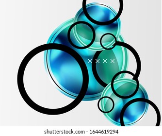 Fondo abstracto - burbujas de vidrio brillante, formas abstractas de esfera, composición dinámica geométrica con espacio de copia. Ilustración De Vector Para Papel De Fondo De Pantalla, Banner, Fondo, Tarjeta E Ilustración De Libros
