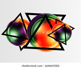 Fondo abstracto - burbujas de vidrio brillante, formas abstractas de esfera, composición dinámica geométrica con espacio de copia. Ilustración De Vector Para Papel De Fondo De Pantalla, Banner, Fondo, Tarjeta E Ilustración De Libros