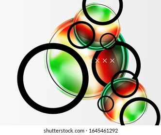Abstrakter Hintergrund - glänzende Glasblasen, abstrakte Kugel-Formen, geometrische dynamische Komposition mit Kopienraum. Vektorillustration-Illustration für Bildschirmhintergrund, Banner, Hintergrund, Karte, Buchillustration