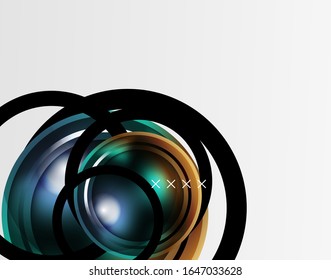 Fondo abstracto - burbujas de vidrio brillante, formas abstractas de esfera, composición dinámica geométrica con espacio de copia. Ilustración De Vector Para Papel De Fondo De Pantalla, Banner, Fondo, Tarjeta E Ilustración De Libros