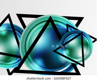 Fondo abstracto - burbujas de vidrio brillante, formas abstractas de esfera, composición dinámica geométrica con espacio de copia. Ilustración De Vector Para Papel De Fondo De Pantalla, Banner, Fondo, Tarjeta E Ilustración De Libros