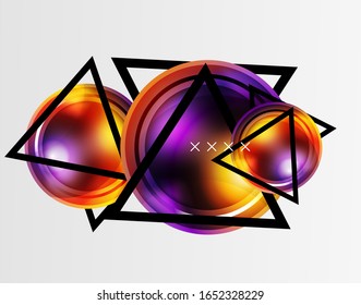 Fondo abstracto - burbujas de vidrio brillante, formas abstractas de esfera, composición dinámica geométrica con espacio de copia. Ilustración De Vector Para Papel De Fondo De Pantalla, Banner, Fondo, Tarjeta E Ilustración De Libros