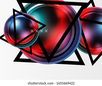 Fondo abstracto - burbujas de vidrio brillante, formas abstractas de esfera, composición dinámica geométrica con espacio de copia. Ilustración De Vector Para Papel De Fondo De Pantalla, Banner, Fondo, Tarjeta E Ilustración De Libros