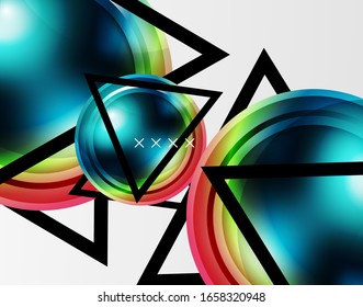 Fondo abstracto - burbujas de vidrio brillante, formas abstractas de esfera, composición dinámica geométrica con espacio de copia. Ilustración De Vector Para Papel De Fondo De Pantalla, Banner, Fondo, Tarjeta E Ilustración De Libros