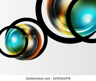 Fondo abstracto - burbujas de vidrio brillante, formas abstractas de esfera, composición dinámica geométrica con espacio de copia. Ilustración De Vector Para Papel De Fondo De Pantalla, Banner, Fondo, Tarjeta E Ilustración De Libros