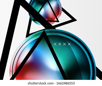 Fondo abstracto - burbujas de vidrio brillante, formas abstractas de esfera, composición dinámica geométrica con espacio de copia. Ilustración De Vector Para Papel De Fondo De Pantalla, Banner, Fondo, Tarjeta E Ilustración De Libros