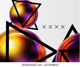 Fondo abstracto - burbujas de vidrio brillante, formas abstractas de esfera, composición dinámica geométrica con espacio de copia. Ilustración De Vector Para Papel De Fondo De Pantalla, Banner, Fondo, Tarjeta E Ilustración De Libros