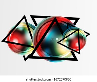 Fondo abstracto - burbujas de vidrio brillante, formas abstractas de esfera, composición dinámica geométrica con espacio de copia. Ilustración De Vector Para Papel De Fondo De Pantalla, Banner, Fondo, Tarjeta E Ilustración De Libros