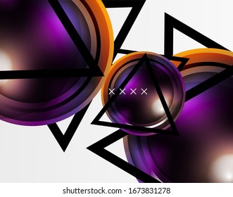 Fondo abstracto - burbujas de vidrio brillante, formas abstractas de esfera, composición dinámica geométrica con espacio de copia. Ilustración De Vector Para Papel De Fondo De Pantalla, Banner, Fondo, Tarjeta E Ilustración De Libros