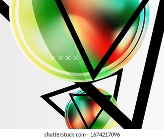 Fondo abstracto - burbujas de vidrio brillante, formas abstractas de esfera, composición dinámica geométrica con espacio de copia. Ilustración De Vector Para Papel De Fondo De Pantalla, Banner, Fondo, Tarjeta E Ilustración De Libros