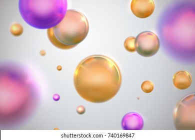 Abstract background with glossy golden and purple spheres. Vector 3d illustration. Atomic or molecular structure. Chemistry or physics concept