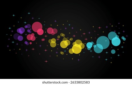 Abstract background with glowing bokeh circles and star sparkles on a dark background. Ideal for celebration themes or party invitations.