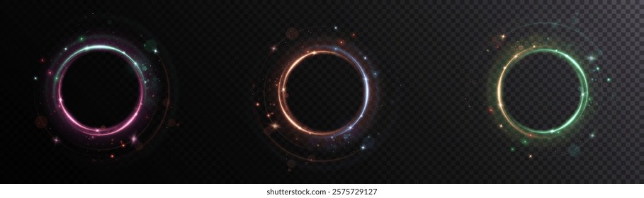 Abstract background of glowing circles of bright colorful colors, light effect around bright circles with bright glow on dark background. Vector