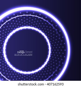 Abstract background with glowing circles and flying particles, molecules. 