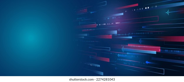 Abstract background with glowing dynamic lines. Futuristic red-blue stripes with arrows. Modern high-tech background for presentations and websites.