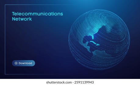 Abstract background with a glowing globe and digital connections, representing a telecommunications network. The image features a dark blue theme with lines and particles global connectivity.