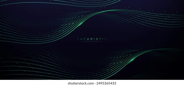 Abstract background with glowing green geometric wavy lines. Futuristic digital high-technology pattern is horizontal. Vector illustration