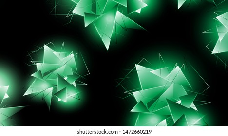 abstract background with glowing green triangles that overlap. isolated black background. vector illustration of eps 10