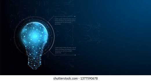 Abstract background with glowing light blue connection dots over digital lightbulb. Future technology, innovation background, creative idea concept.