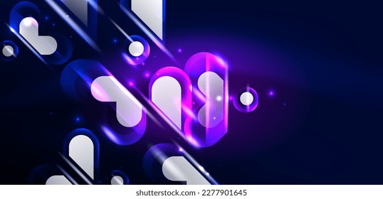 Resumen de las formas geométricas de la luz de neón brillantes en el fondo. Papel de pared de vectores de energía cósmica o mágica espacial Para papel de escritorio, pancarta, fondo, tarjeta, ilustración de libro, página de aterrizaje