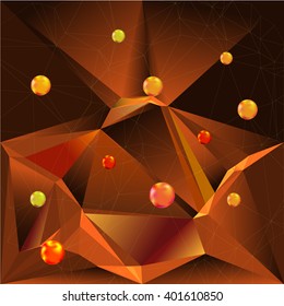 Abstract background of glowing polygons, red and gold balls and polygonal grid