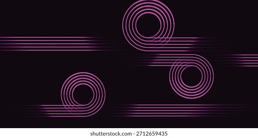 Fondo Abstractas con líneas púrpuras brillantes que forman círculos concéntricos y patrones Horizontales sobre un fondo oscuro, creando un diseño de arte digital dinámico y moderno.