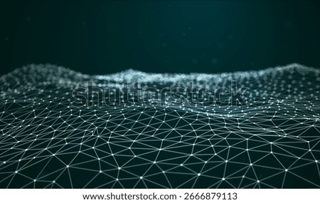 Abstract background with glowing wave, sea, and water. Dots, lines, and triangular polygons. Futuristic digital pattern, data network, technology mesh. Dark vector concept of science, cyber space flow