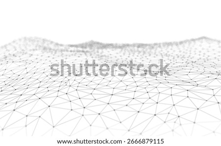 Abstract background with glowing wave, sea, and water. Dots, lines, and triangular polygons. Futuristic digital pattern, data network, technology mesh. Science, cyber space flow, bokeh vector concept