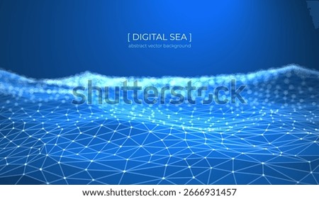Abstract background with glowing wave, sea, and water. Dots, lines, and triangular polygons. Futuristic digital pattern, data network, technology mesh. Blue vector concept of science, cyber space flow