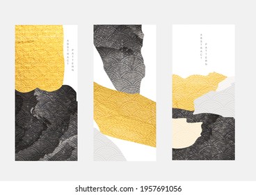 Abstract background with gold and black texture vector. Art landscape with Japanese pattern in vintage style.