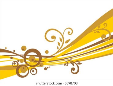 Abstract  background with gold and bronze circles, strips and vegetative curls.