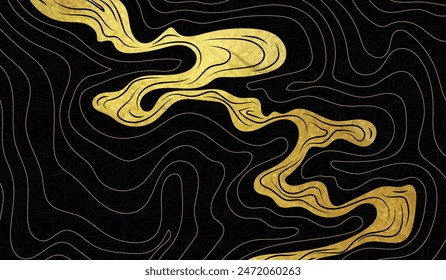 ABSTRACT BACKGROUND WITH GOLD BRUSH SCRATCHES AND JAPANESE PATTERNS, LUXURY, ELEGANT