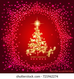 Abstract background with gold christmas tree and stars. Illustration in red and gold colors.Vector illustration.